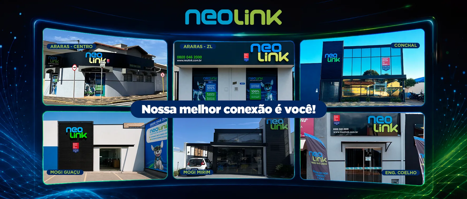As 6 lojas Neolink: Araras Zona Leste, Araras Centro, Conchal, Mogi Guaçu, Mogi Mirim, Engenheiro Coelho.